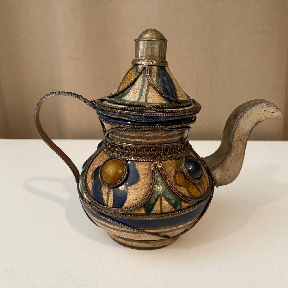 Vintage Moroccan Ceramic Tea Pot – Silver Filigree & Gemstone Accents